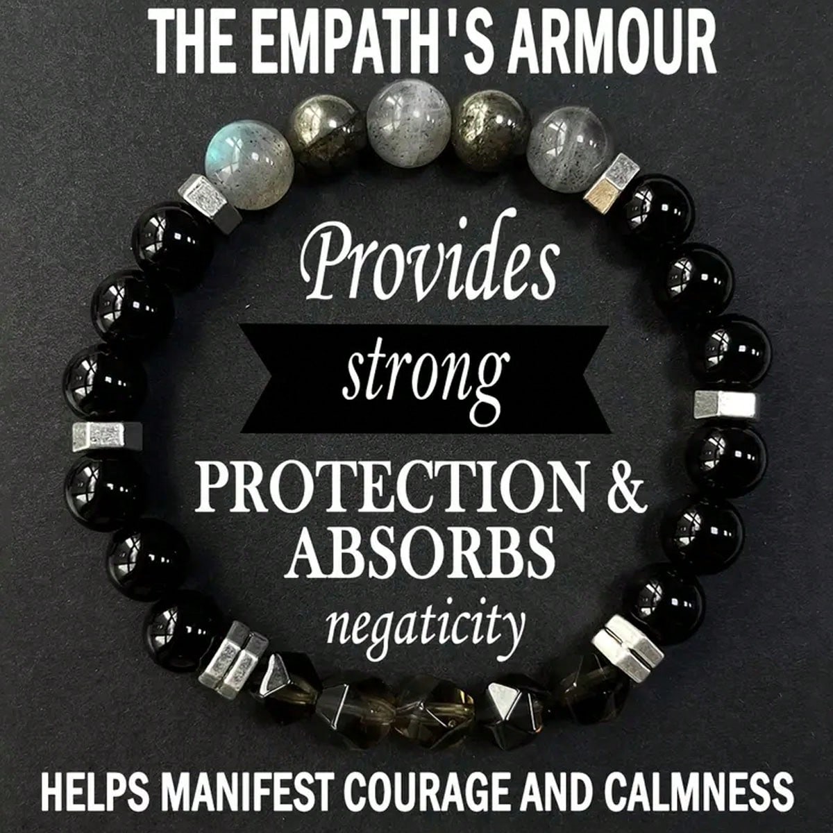 Empathy Armor Protection Bracelet/ High-Quality Labradorite, Pyrite, Obsidian, Faceted Smoky Quartz Handmade Natural Stone Chakra Crystal EMF Courage & Confidence Anxiety Bracelet, Synthetic Gemstone