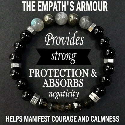 Empathy Armor Protection Bracelet/ High-Quality Labradorite, Pyrite, Obsidian, Faceted Smoky Quartz Handmade Natural Stone Chakra Crystal EMF Courage & Confidence Anxiety Bracelet, Synthetic Gemstone
