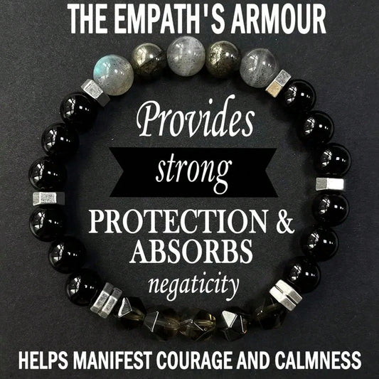 Empathy Armor Protection Bracelet/ High-Quality Labradorite, Pyrite, Obsidian, Faceted Smoky Quartz Handmade Natural Stone Chakra Crystal EMF Courage & Confidence Anxiety Bracelet, Synthetic Gemstone