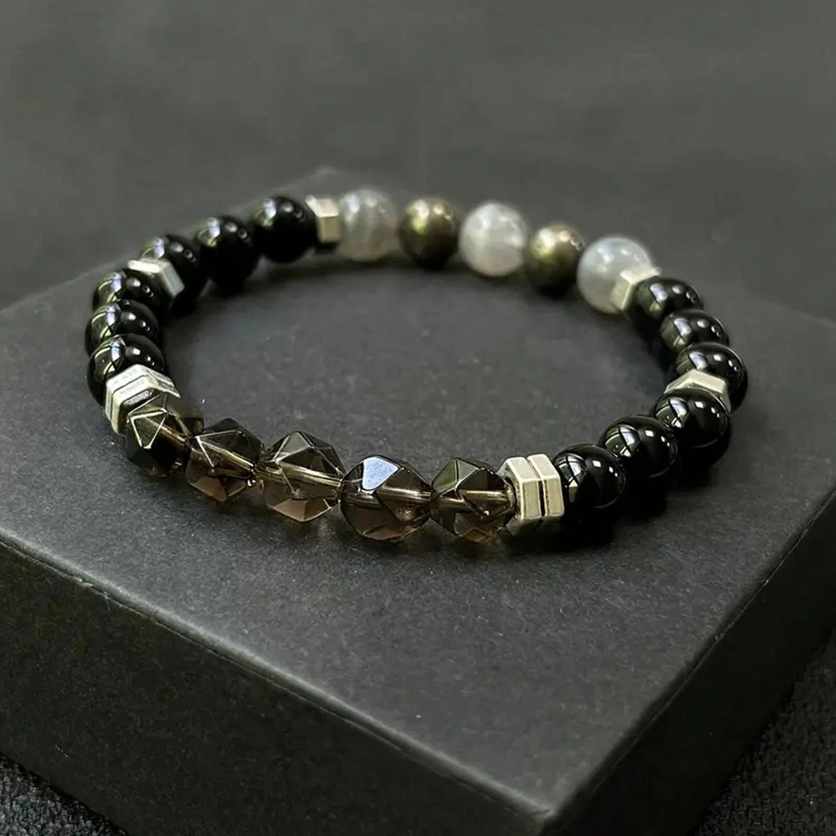 Empathy Armor Protection Bracelet/ High-Quality Labradorite, Pyrite, Obsidian, Faceted Smoky Quartz Handmade Natural Stone Chakra Crystal EMF Courage & Confidence Anxiety Bracelet, Synthetic Gemstone
