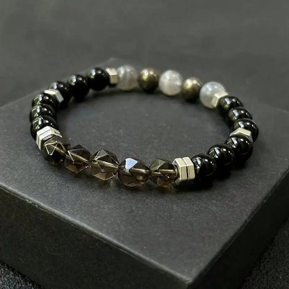 Empathy Armor Protection Bracelet/ High-Quality Labradorite, Pyrite, Obsidian, Faceted Smoky Quartz Handmade Natural Stone Chakra Crystal EMF Courage & Confidence Anxiety Bracelet, Synthetic Gemstone