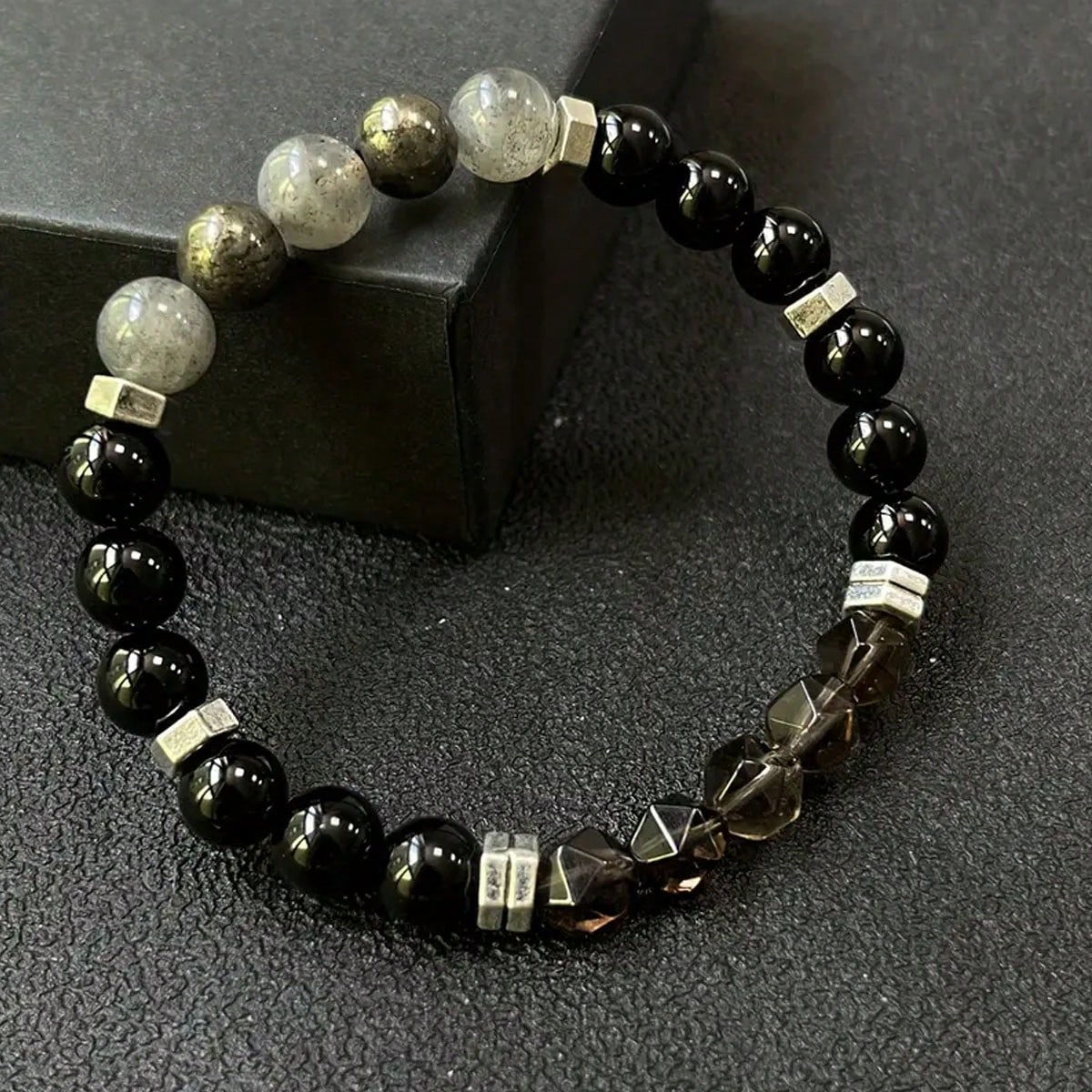 Empathy Armor Protection Bracelet/ High-Quality Labradorite, Pyrite, Obsidian, Faceted Smoky Quartz Handmade Natural Stone Chakra Crystal EMF Courage & Confidence Anxiety Bracelet, Synthetic Gemstone