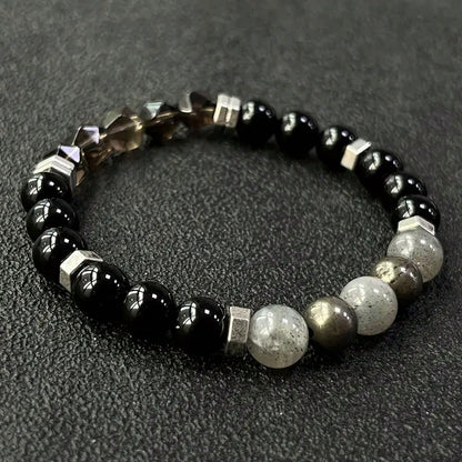 Empathy Armor Protection Bracelet/ High-Quality Labradorite, Pyrite, Obsidian, Faceted Smoky Quartz Handmade Natural Stone Chakra Crystal EMF Courage & Confidence Anxiety Bracelet, Synthetic Gemstone