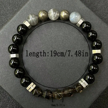 Empathy Armor Protection Bracelet/ High-Quality Labradorite, Pyrite, Obsidian, Faceted Smoky Quartz Handmade Natural Stone Chakra Crystal EMF Courage & Confidence Anxiety Bracelet, Synthetic Gemstone