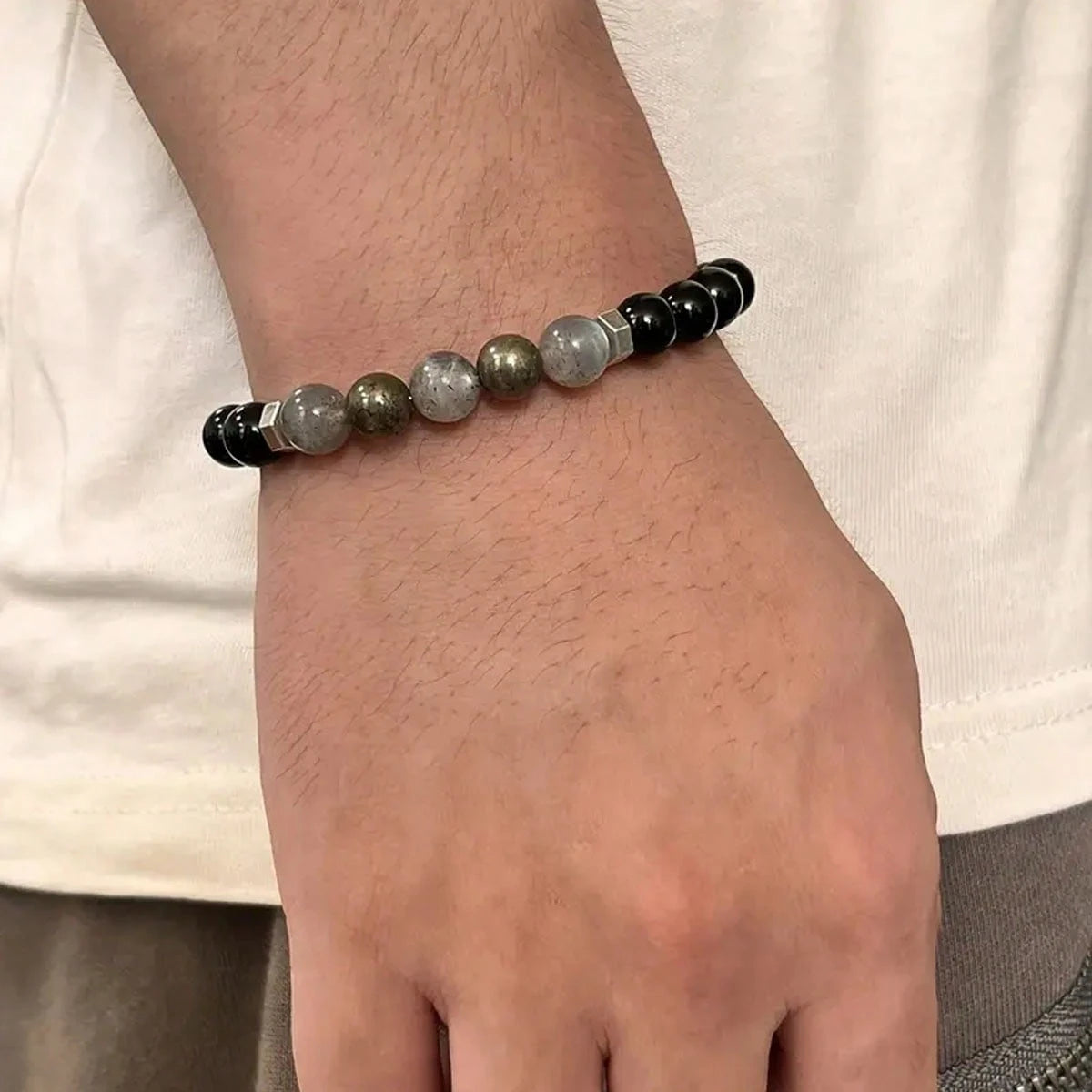 Empathy Armor Protection Bracelet/ High-Quality Labradorite, Pyrite, Obsidian, Faceted Smoky Quartz Handmade Natural Stone Chakra Crystal EMF Courage & Confidence Anxiety Bracelet, Synthetic Gemstone