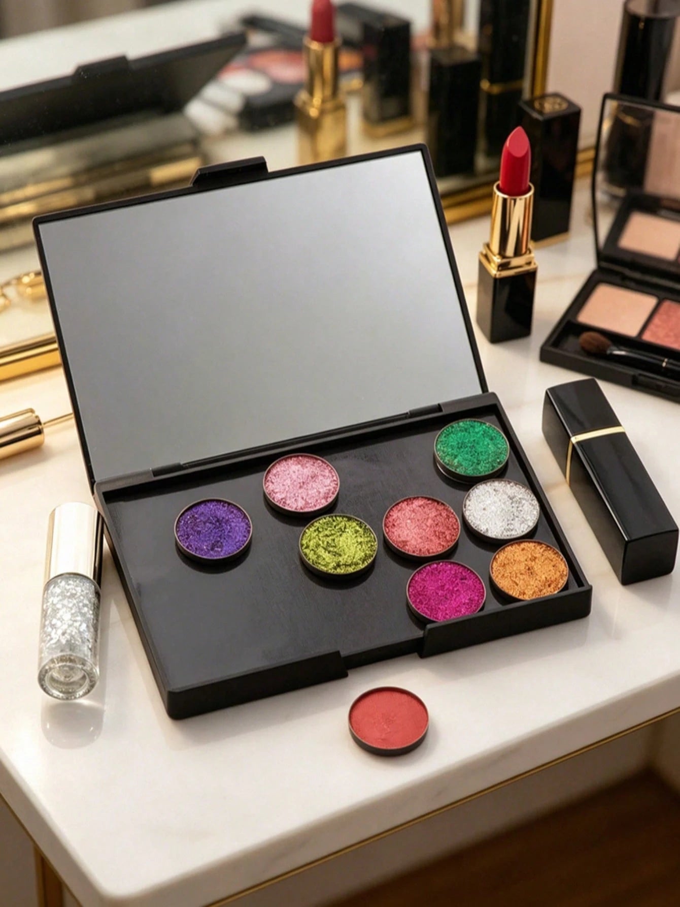 EMPTY Magnetic Makeup Palette With Mirror (Check Size Before Purchase), DIY Travel Cosmetics Organizer For Eyeshadow & Powder (Metal Stickers Required For Non-Magnetic Pans)
