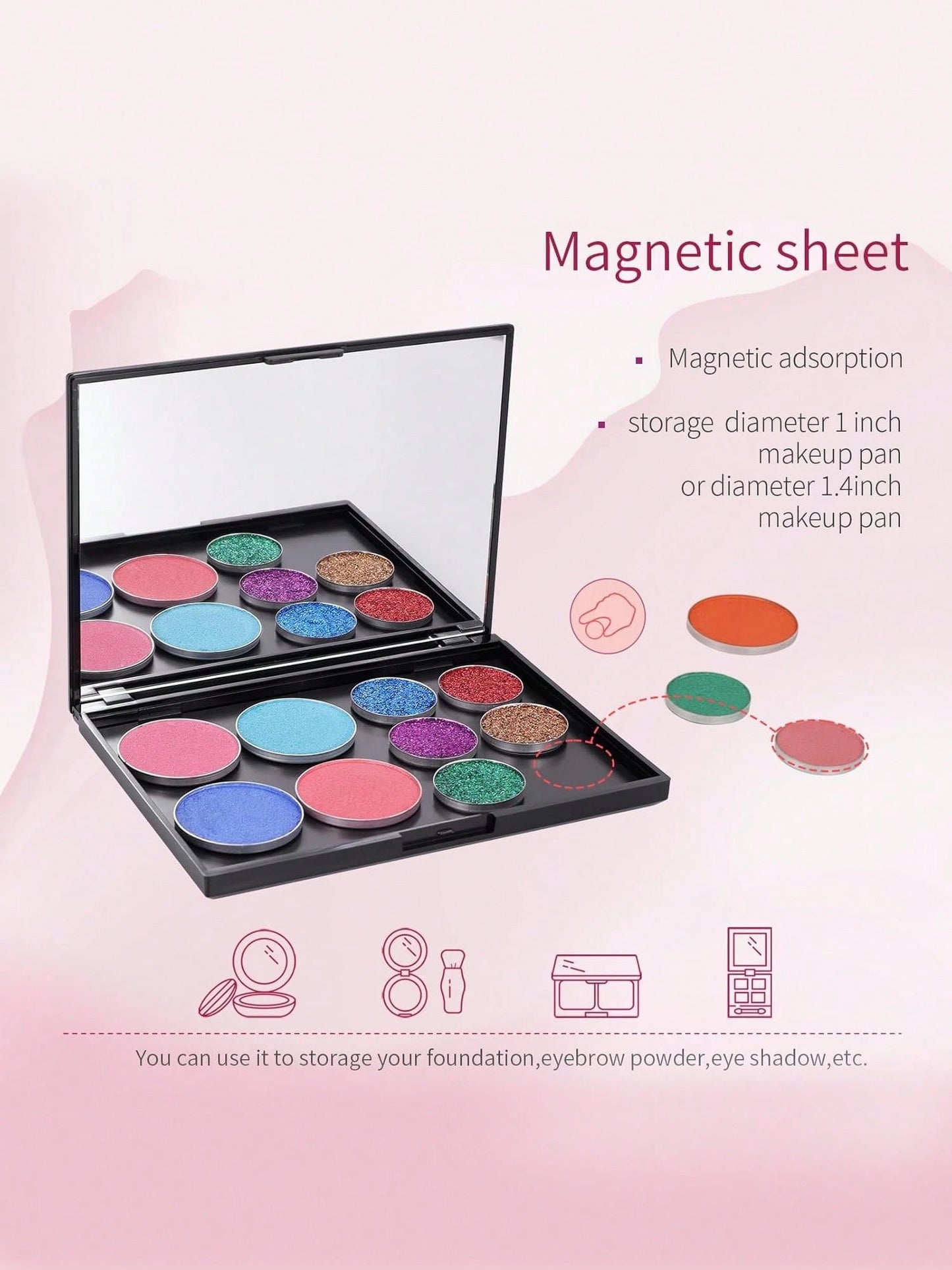 EMPTY Magnetic Makeup Palette With Mirror (Check Size Before Purchase), DIY Travel Cosmetics Organizer For Eyeshadow & Powder (Metal Stickers Required For Non-Magnetic Pans)