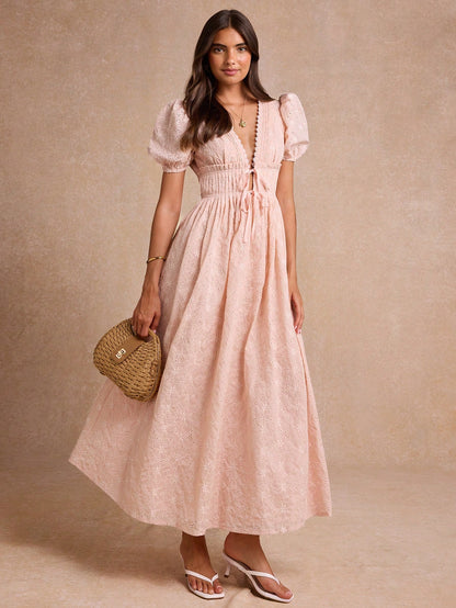 Enchnt Premium Summer Romantic Women's Elegant Pink French Embroidery Long Dress, Prom Vacation Dress, Birthday Festival Outfits For Women Vacation Vacation