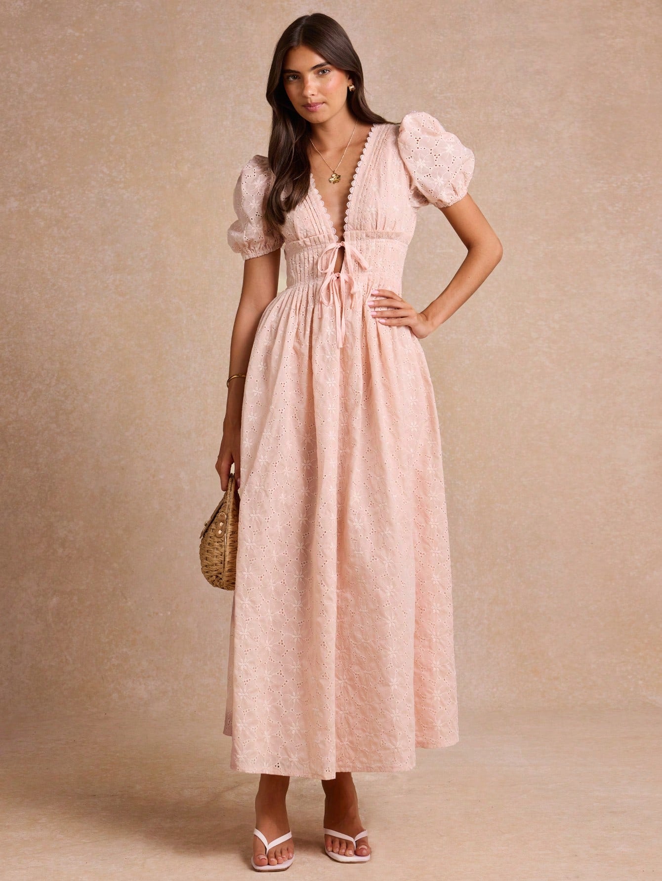 Enchnt Premium Summer Romantic Women's Elegant Pink French Embroidery Long Dress, Prom Vacation Dress, Birthday Festival Outfits For Women Vacation Vacation