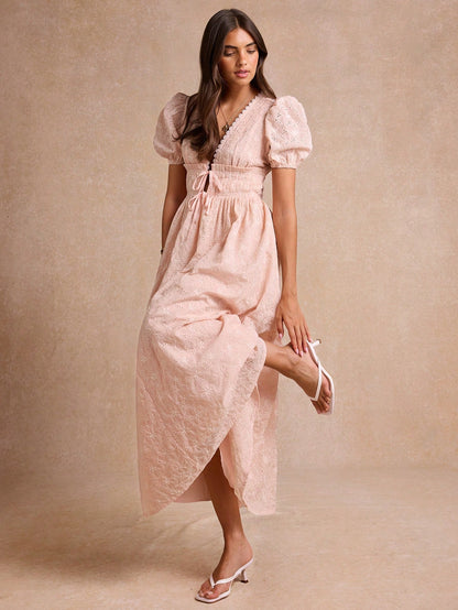 Enchnt Premium Summer Romantic Women's Elegant Pink French Embroidery Long Dress, Prom Vacation Dress, Birthday Festival Outfits For Women Vacation Vacation