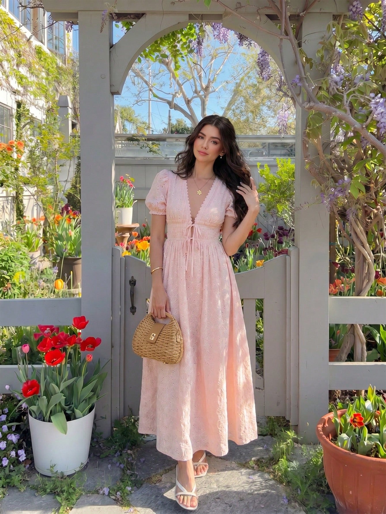 Enchnt Premium Summer Romantic Women's Elegant Pink French Embroidery Long Dress, Prom Vacation Dress, Birthday Festival Outfits For Women Vacation Vacation