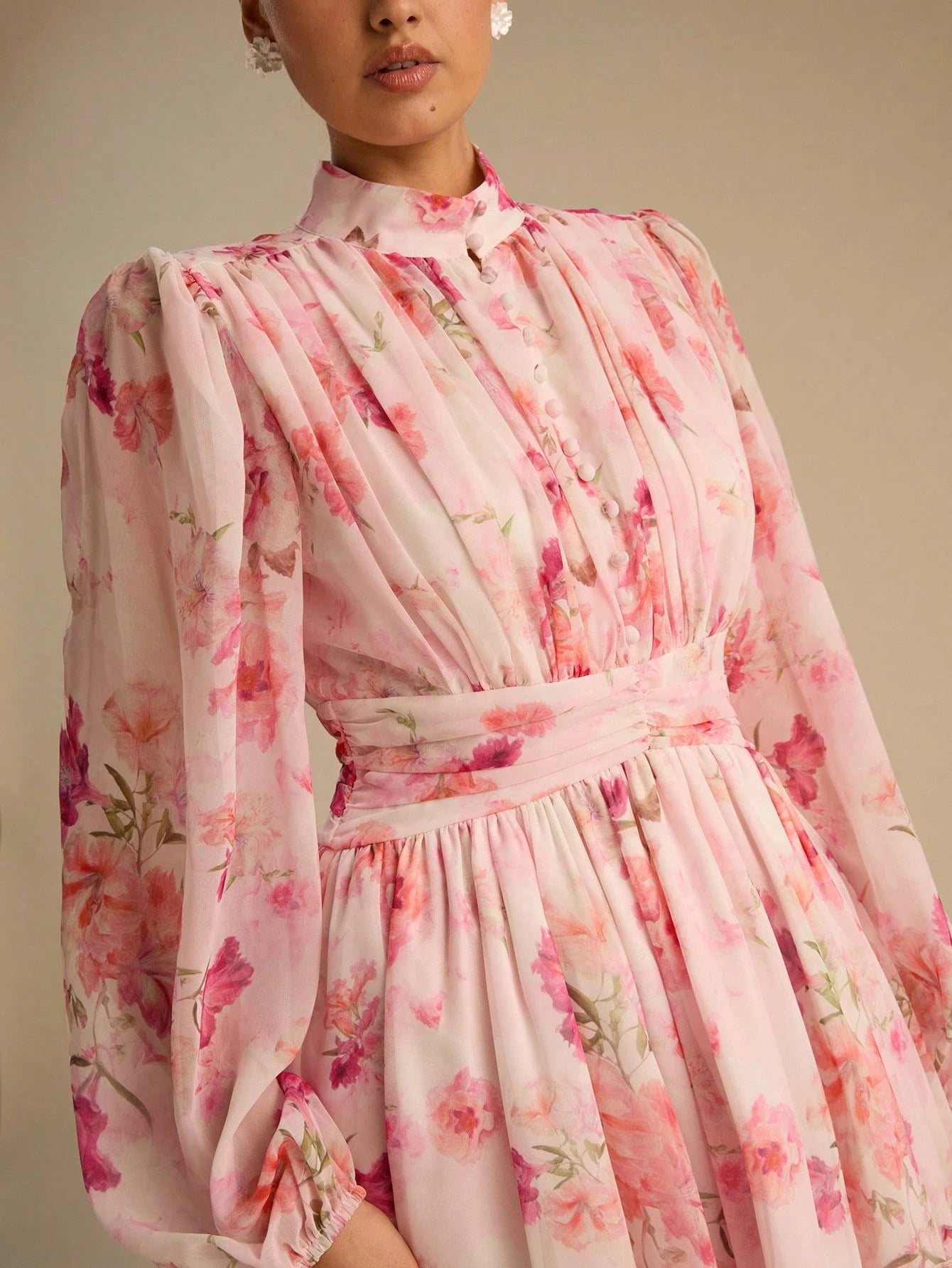 Enchnt Women's Elegant Blush Pink Floral Print Lantern Sleeve Ruffle Hem Mini Dress, Chic&Elegant For Party,Date,Holiday,Summer Outfits For Women