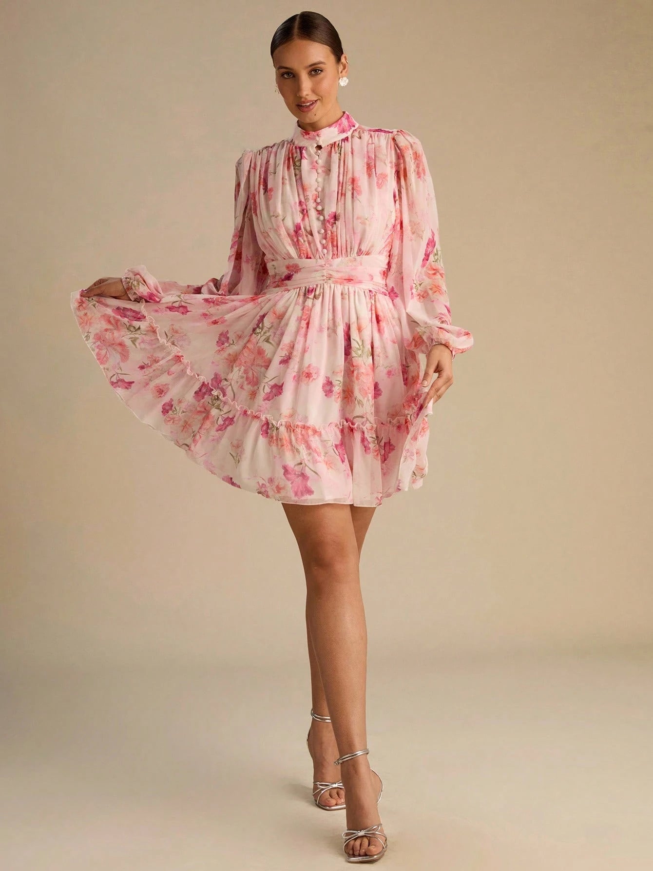 Enchnt Women's Elegant Blush Pink Floral Print Lantern Sleeve Ruffle Hem Mini Dress, Chic&Elegant For Party,Date,Holiday,Summer Outfits For Women