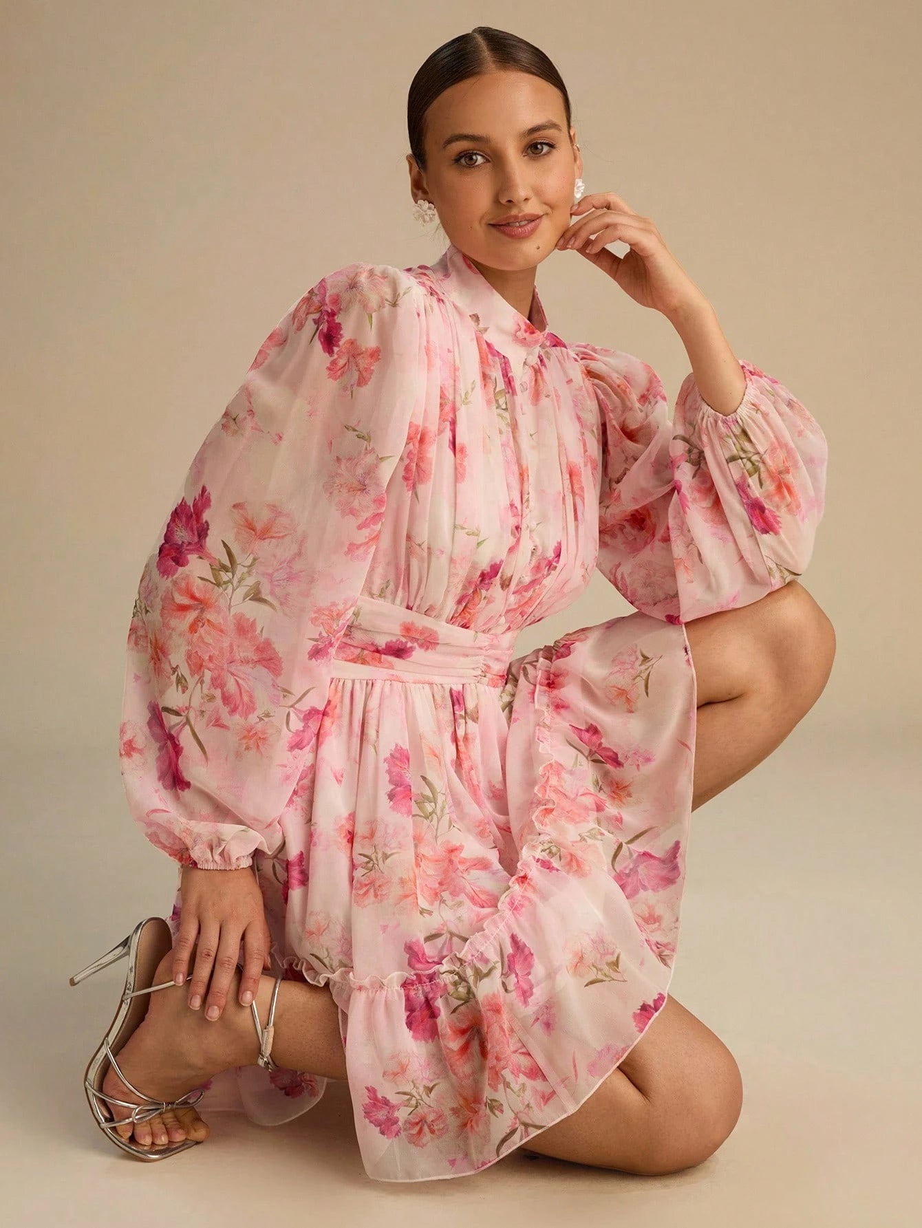 Enchnt Women's Elegant Blush Pink Floral Print Lantern Sleeve Ruffle Hem Mini Dress, Chic&Elegant For Party,Date,Holiday,Summer Outfits For Women
