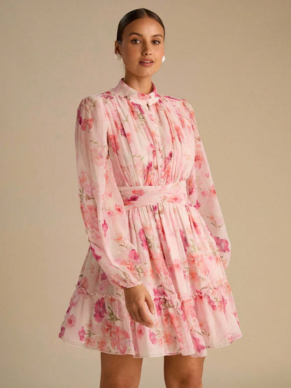 Enchnt Women's Elegant Blush Pink Floral Print Lantern Sleeve Ruffle Hem Mini Dress, Chic&Elegant For Party,Date,Holiday,Summer Outfits For Women