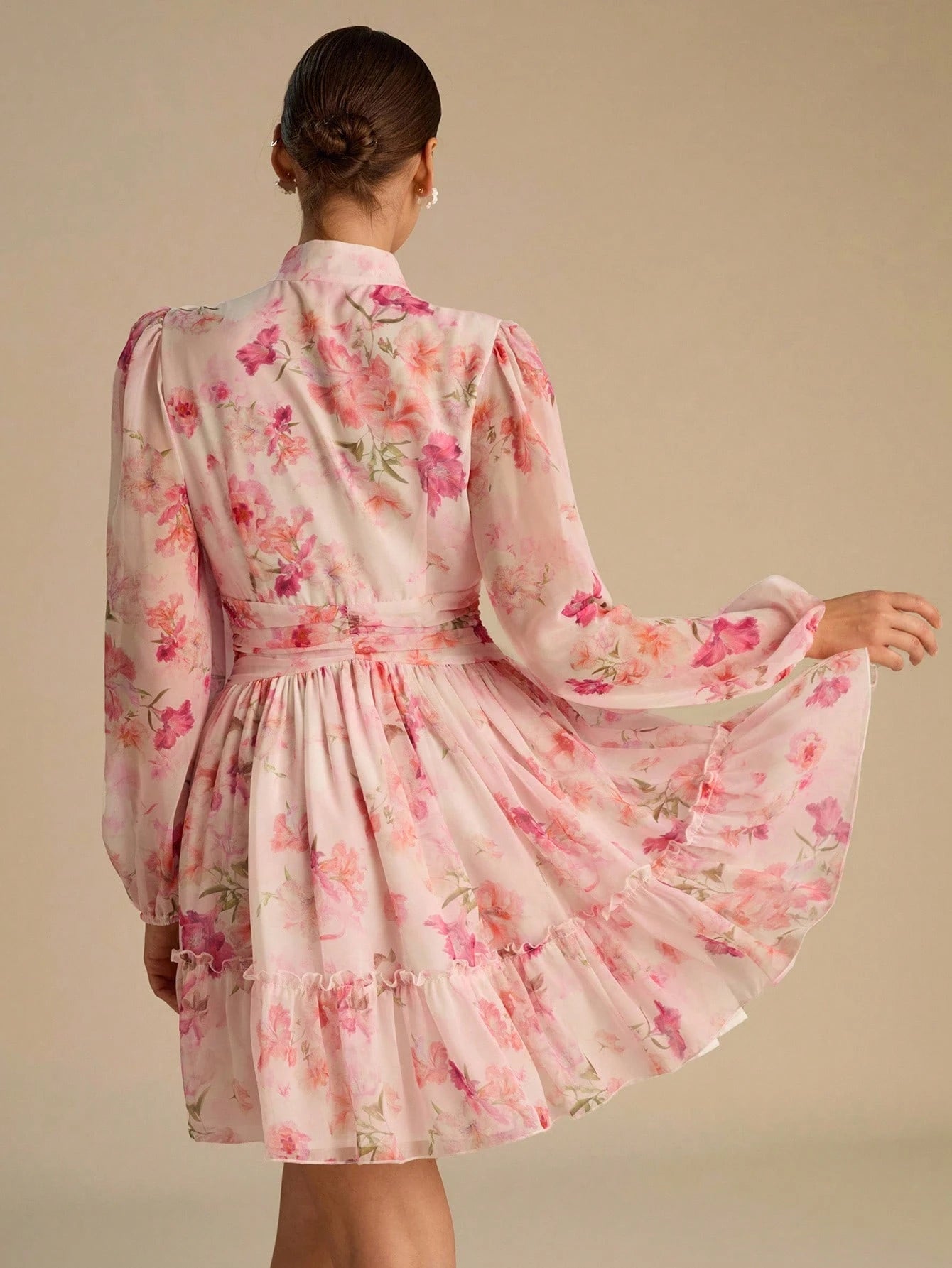 Enchnt Women's Elegant Blush Pink Floral Print Lantern Sleeve Ruffle Hem Mini Dress, Chic&Elegant For Party,Date,Holiday,Summer Outfits For Women