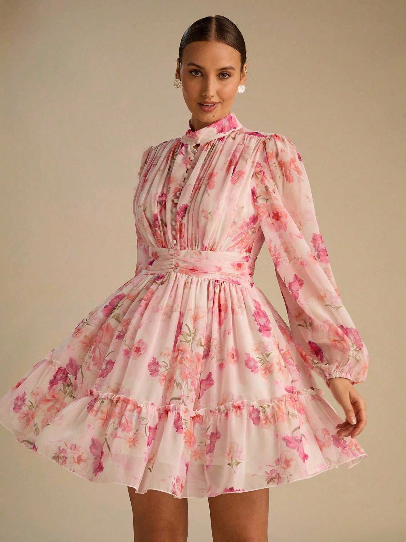 Enchnt Women's Elegant Blush Pink Floral Print Lantern Sleeve Ruffle Hem Mini Dress, Chic&Elegant For Party,Date,Holiday,Summer Outfits For Women