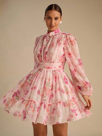 Enchnt Women's Elegant Blush Pink Floral Print Lantern Sleeve Ruffle Hem Mini Dress, Chic&Elegant For Party,Date,Holiday,Summer Outfits For Women