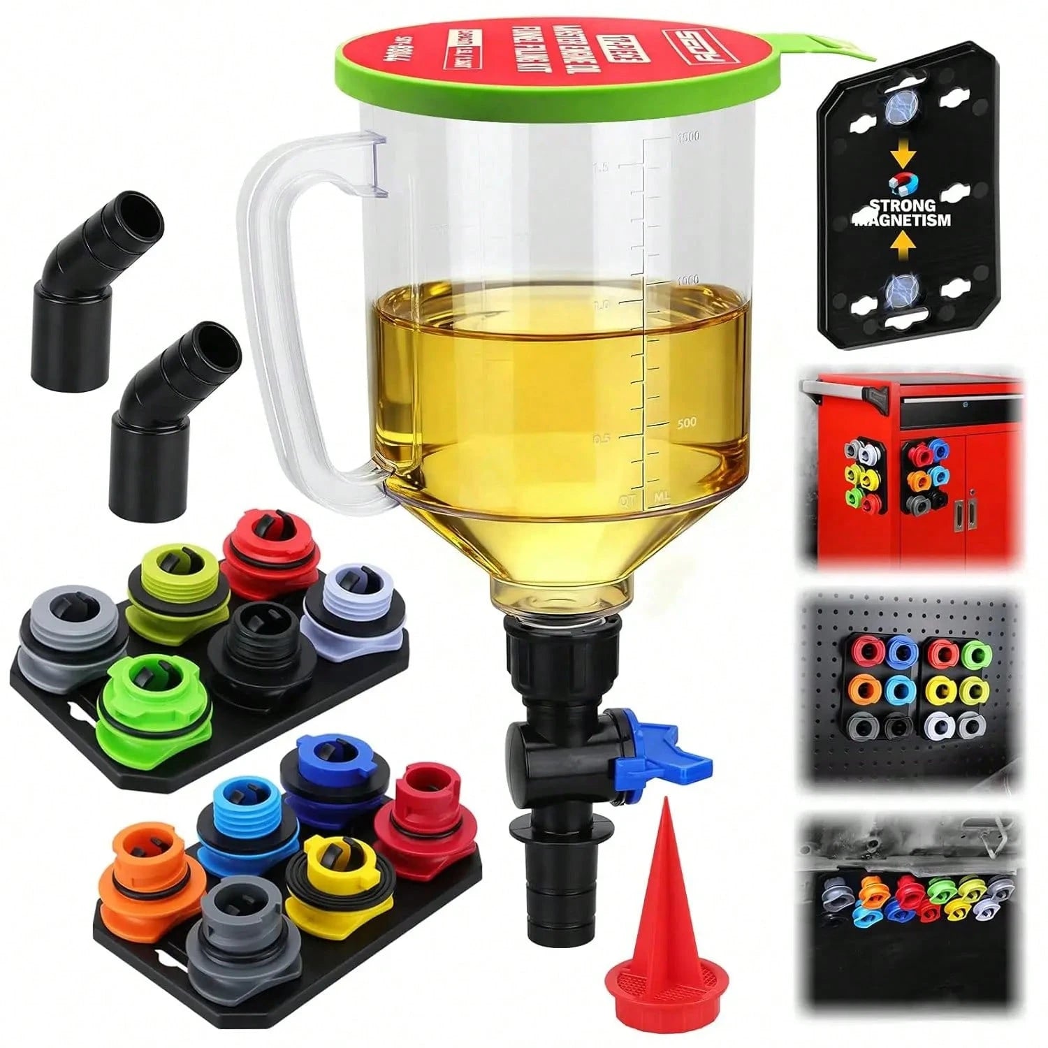 Engine Oil Funnel Set, 18-Piece Automotive Kit With 12 Adapters, Elbow Fitting, Arrow Screen, Magnetic Storage Hooks Tray, Multi-Vehicle Compatible, 1.59 QT, 1.5 L