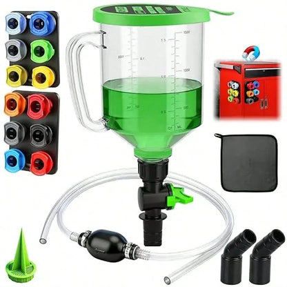 Engine Oil Funnel Set, 18-Piece Automotive Kit With 12 Adapters, Elbow Fitting, Arrow Screen, Magnetic Storage Hooks Tray, Multi-Vehicle Compatible, 1.59 QT, 1.5 L