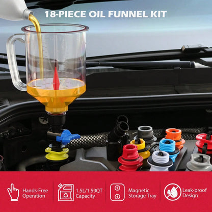 Engine Oil Funnel Set, 18-Piece Automotive Kit With 12 Adapters, Elbow Fitting, Arrow Screen, Magnetic Storage Hooks Tray, Multi-Vehicle Compatible, 1.59 QT, 1.5 L