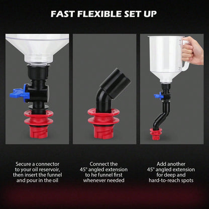 Engine Oil Funnel Set, 18-Piece Automotive Kit With 12 Adapters, Elbow Fitting, Arrow Screen, Magnetic Storage Hooks Tray, Multi-Vehicle Compatible, 1.59 QT, 1.5 L