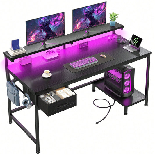 EnHomee 39.3"W Office Gaming Desk With Adjustable Monitor Stand, LED Lights & Power Outlet For Small Space