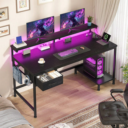 EnHomee 39.3"W Office Gaming Desk With Adjustable Monitor Stand, LED Lights & Power Outlet For Small Space