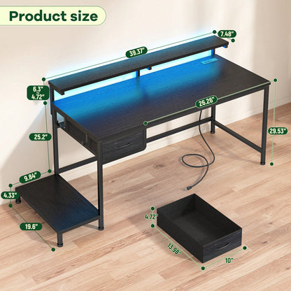 EnHomee 39.3"W Office Gaming Desk With Adjustable Monitor Stand, LED Lights & Power Outlet For Small Space