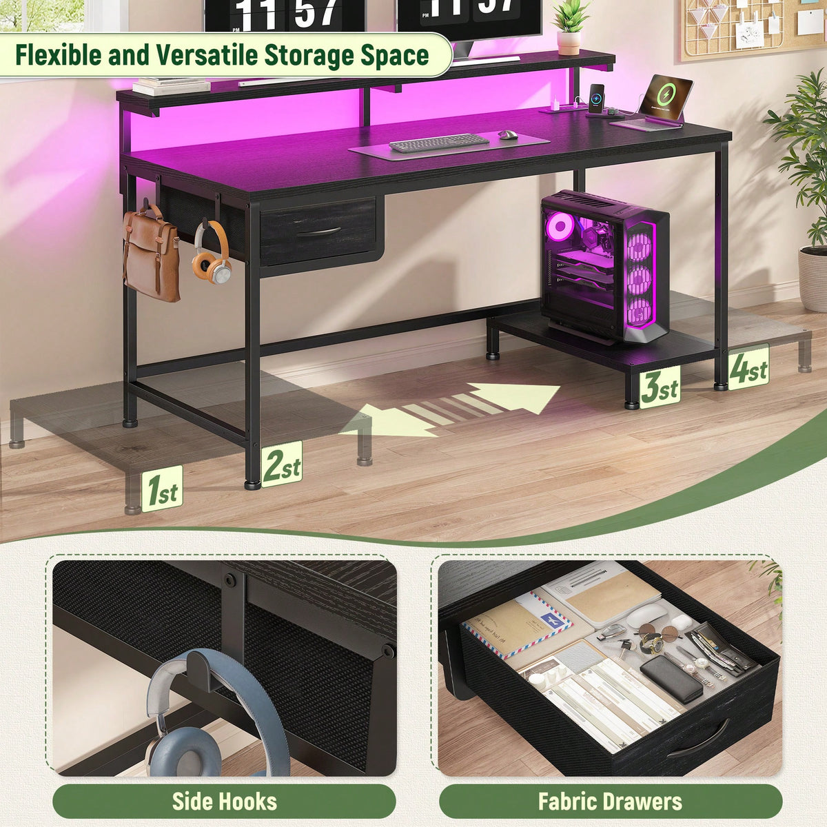 EnHomee 39.3"W Office Gaming Desk With Adjustable Monitor Stand, LED Lights & Power Outlet For Small Space