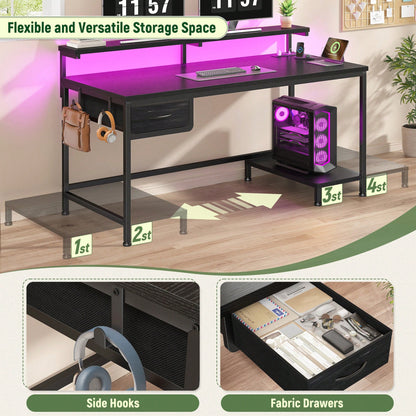 EnHomee 39.3"W Office Gaming Desk With Adjustable Monitor Stand, LED Lights & Power Outlet For Small Space