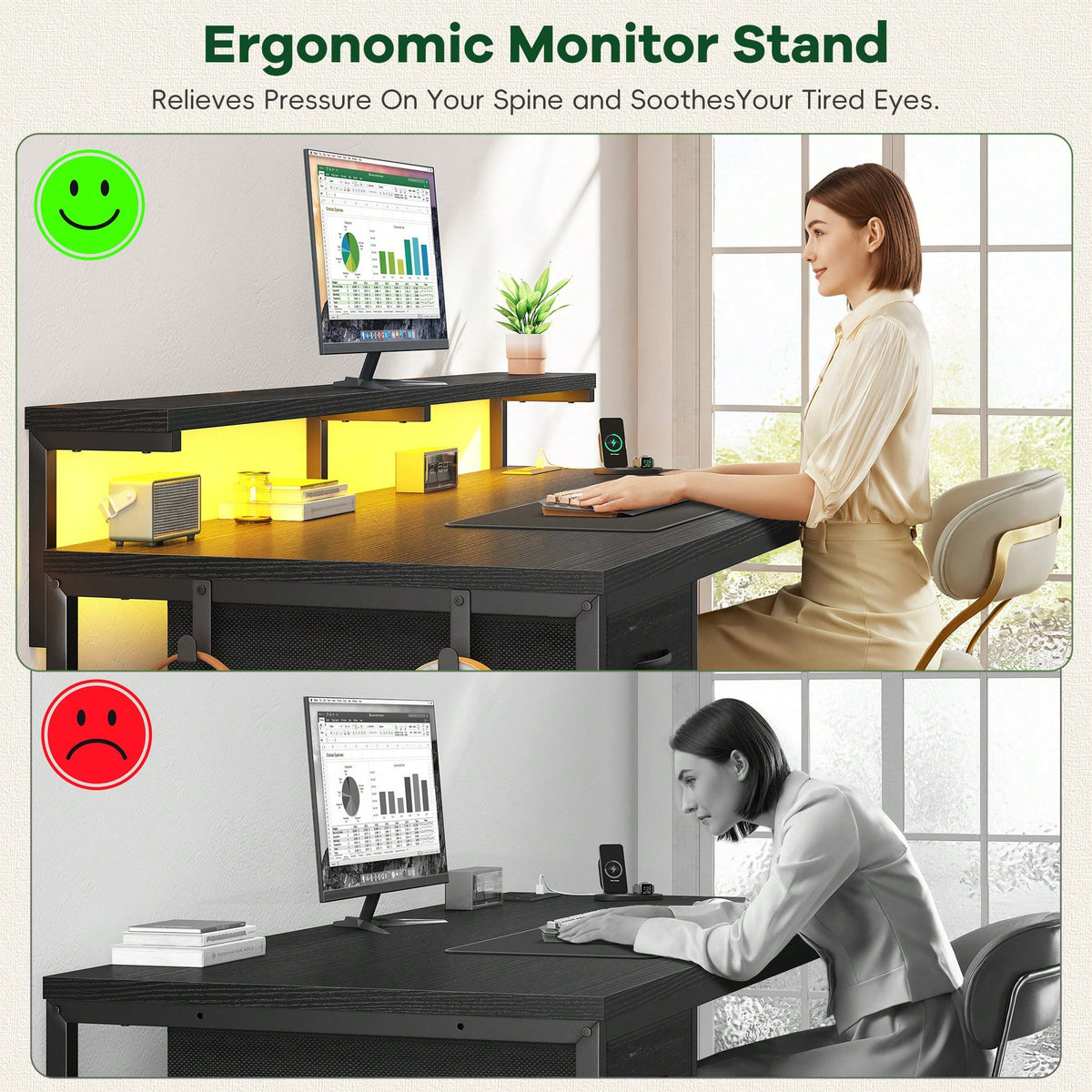 EnHomee 39.3"W Office Gaming Desk With Adjustable Monitor Stand, LED Lights & Power Outlet For Small Space