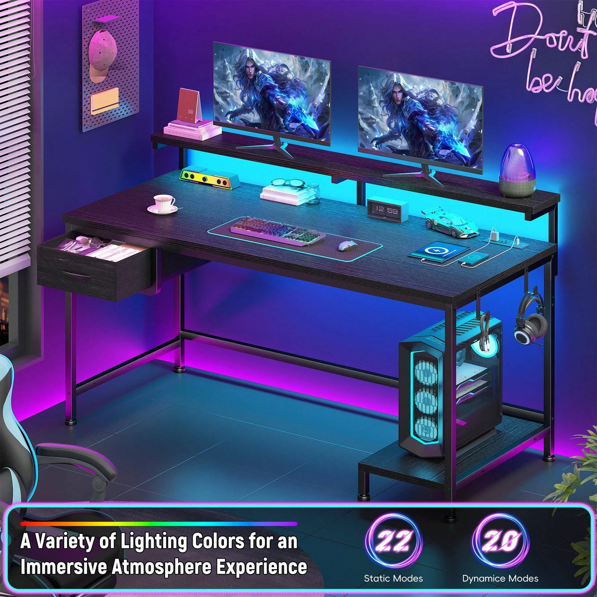 EnHomee 39.3"W Office Gaming Desk With Adjustable Monitor Stand, LED Lights & Power Outlet For Small Space