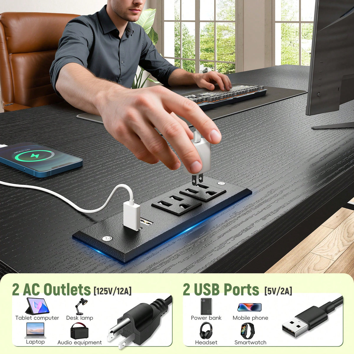EnHomee 39.3"W Office Gaming Desk With Adjustable Monitor Stand, LED Lights & Power Outlet For Small Space