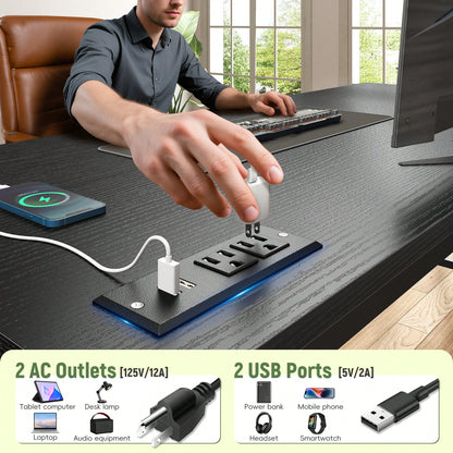 EnHomee 39.3"W Office Gaming Desk With Adjustable Monitor Stand, LED Lights & Power Outlet For Small Space