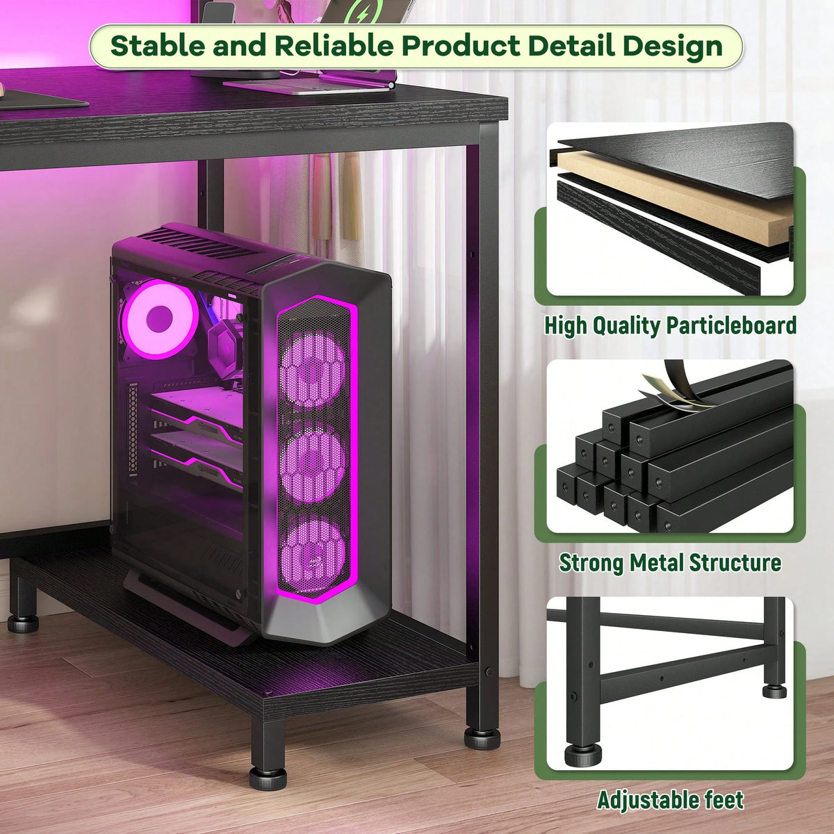 EnHomee 39.3"W Office Gaming Desk With Adjustable Monitor Stand, LED Lights & Power Outlet For Small Space