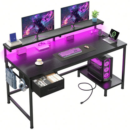 EnHomee 39.3"W Office Gaming Desk With Adjustable Monitor Stand, LED Lights & Power Outlet For Small Space