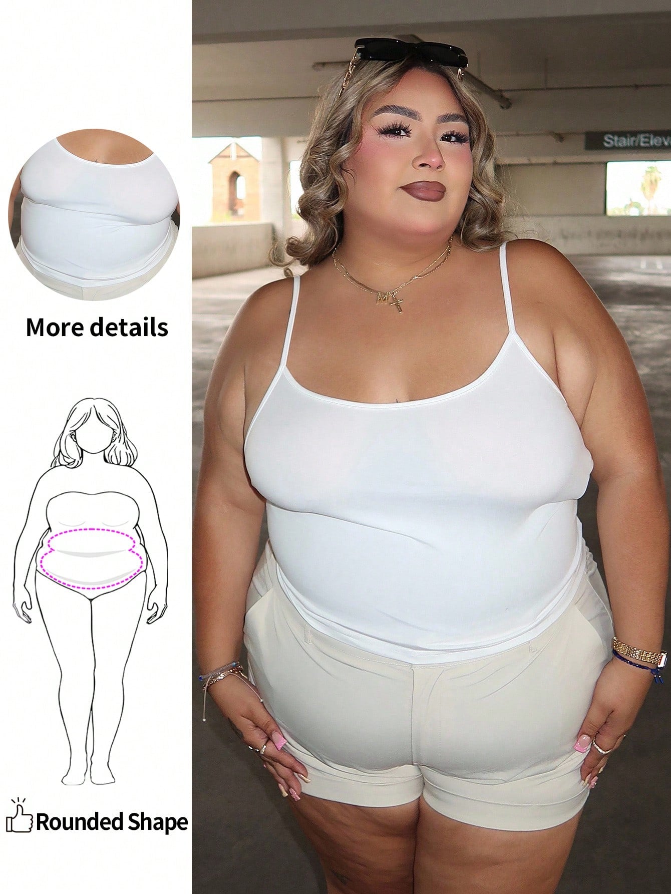 Enliva Melanieangelese Casual White Cropped Cami Tank Top, Fitted Plus Size Women Summer Spaghetti Strap And Tank Back To School, For Apple Rounded Body Shape