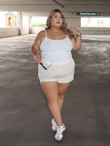 Enliva Melanieangelese Casual White Cropped Cami Tank Top, Fitted Plus Size Women Summer Spaghetti Strap And Tank Back To School, For Apple Rounded Body Shape