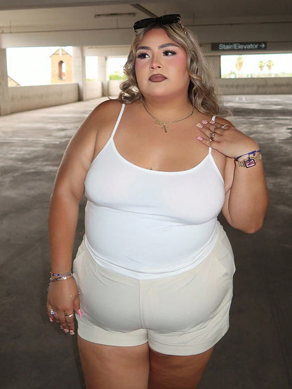 Enliva Melanieangelese Casual White Cropped Cami Tank Top, Fitted Plus Size Women Summer Spaghetti Strap And Tank Back To School, For Apple Rounded Body Shape