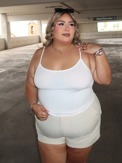 Enliva Melanieangelese Casual White Cropped Cami Tank Top, Fitted Plus Size Women Summer Spaghetti Strap And Tank Back To School, For Apple Rounded Body Shape