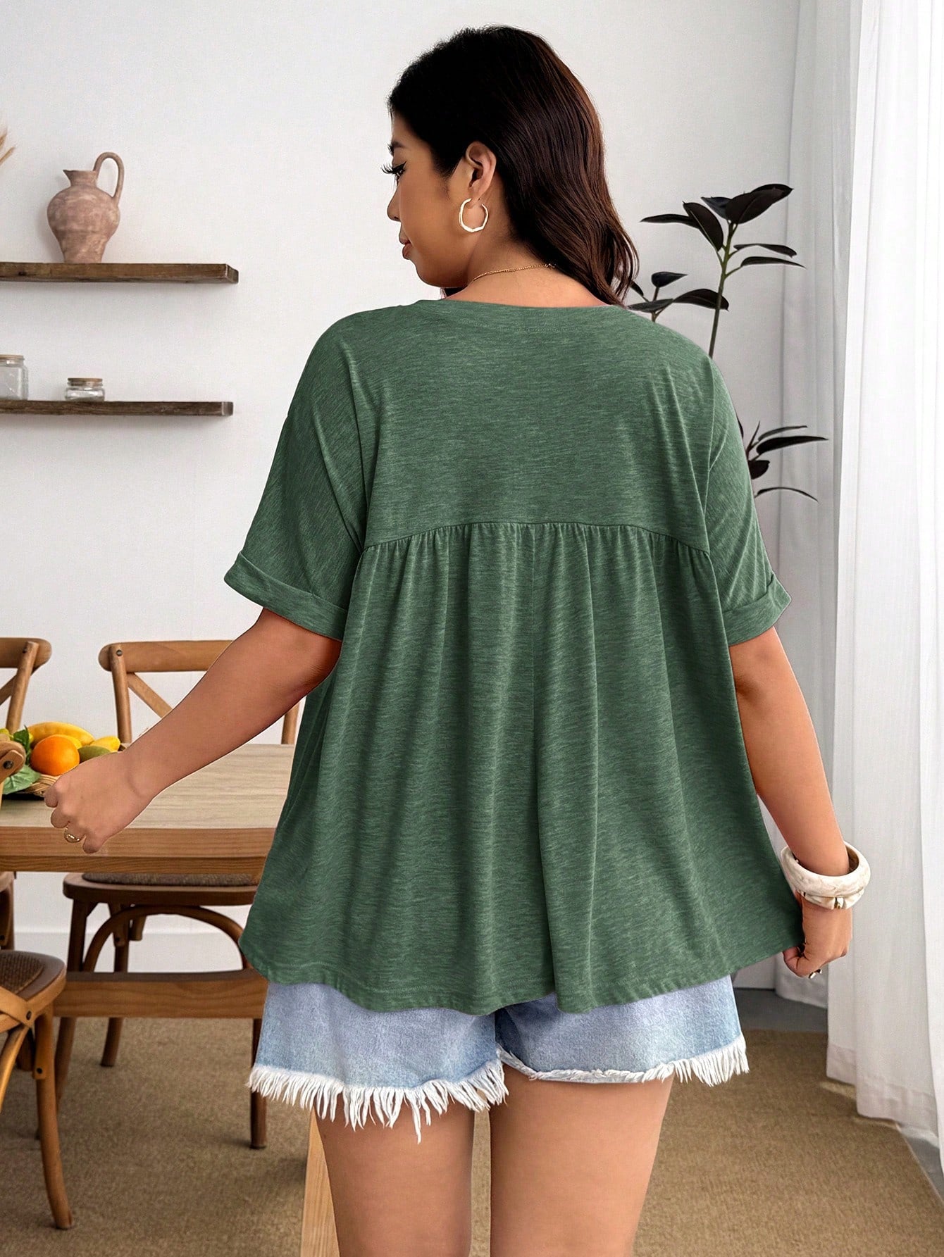 Enliva Plus Size Music Festival Vacation, Bohemia Casual Women's Ultra Loose Elastic Women's Shirt T-Shirt Formal Holiday Sage Green Summer