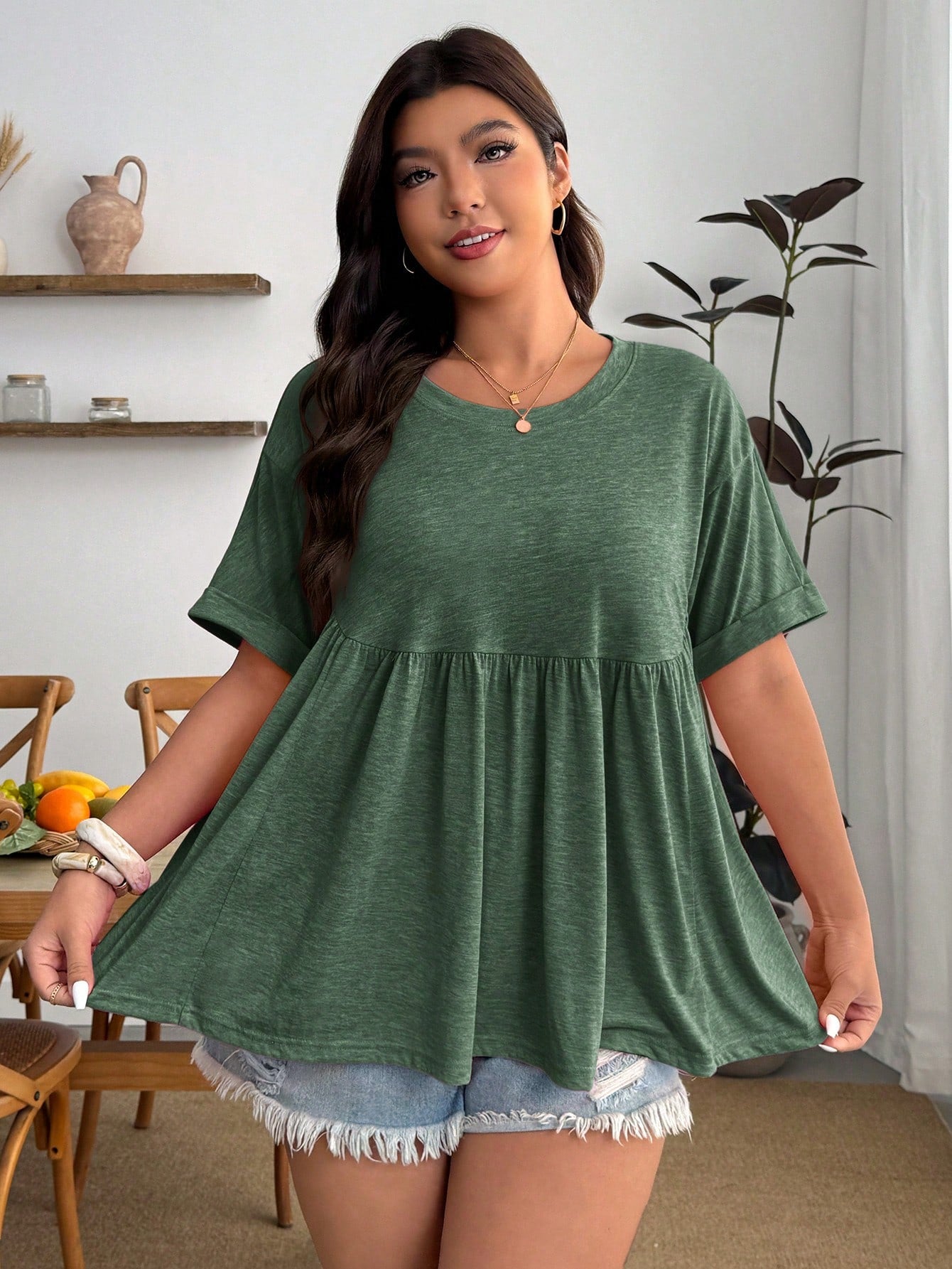 Enliva Plus Size Music Festival Vacation, Bohemia Casual Women's Ultra Loose Elastic Women's Shirt T-Shirt Formal Holiday Sage Green Summer