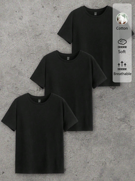 Essnce 3pcs Casual Women Cotton T-Shirt Set, Black Round Neck Short Sleeve Pullover, Basic Summer Style Suitable For Going Out