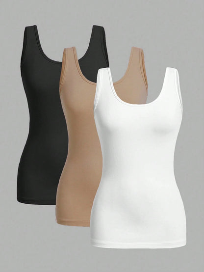 Essnce 3pcs/Set Casual Minimalist Slim Fit Women Round Neck Camisole, Suitable For Summer