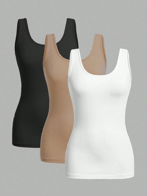 Essnce 3pcs/Set Casual Minimalist Slim Fit Women Round Neck Camisole, Suitable For Summer