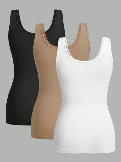 Essnce 3pcs/Set Casual Minimalist Slim Fit Women Round Neck Camisole, Suitable For Summer