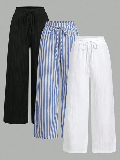 Essnce 3pcs Set Women's Blue And White Stripe Nautical Style Casual Summer Vacation Waist Tie Pants With Pockets,Straight Leg Black & White Striped Clothes