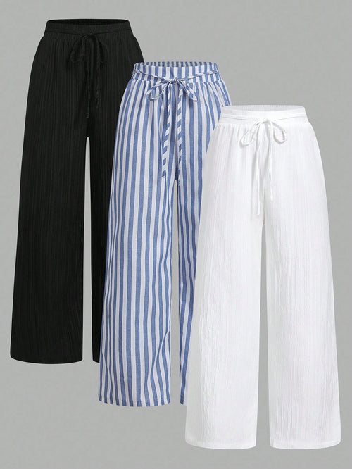 Essnce 3pcs Set Women's Blue And White Stripe Nautical Style Casual Summer Vacation Waist Tie Pants With Pockets,Straight Leg Black & White Striped Clothes