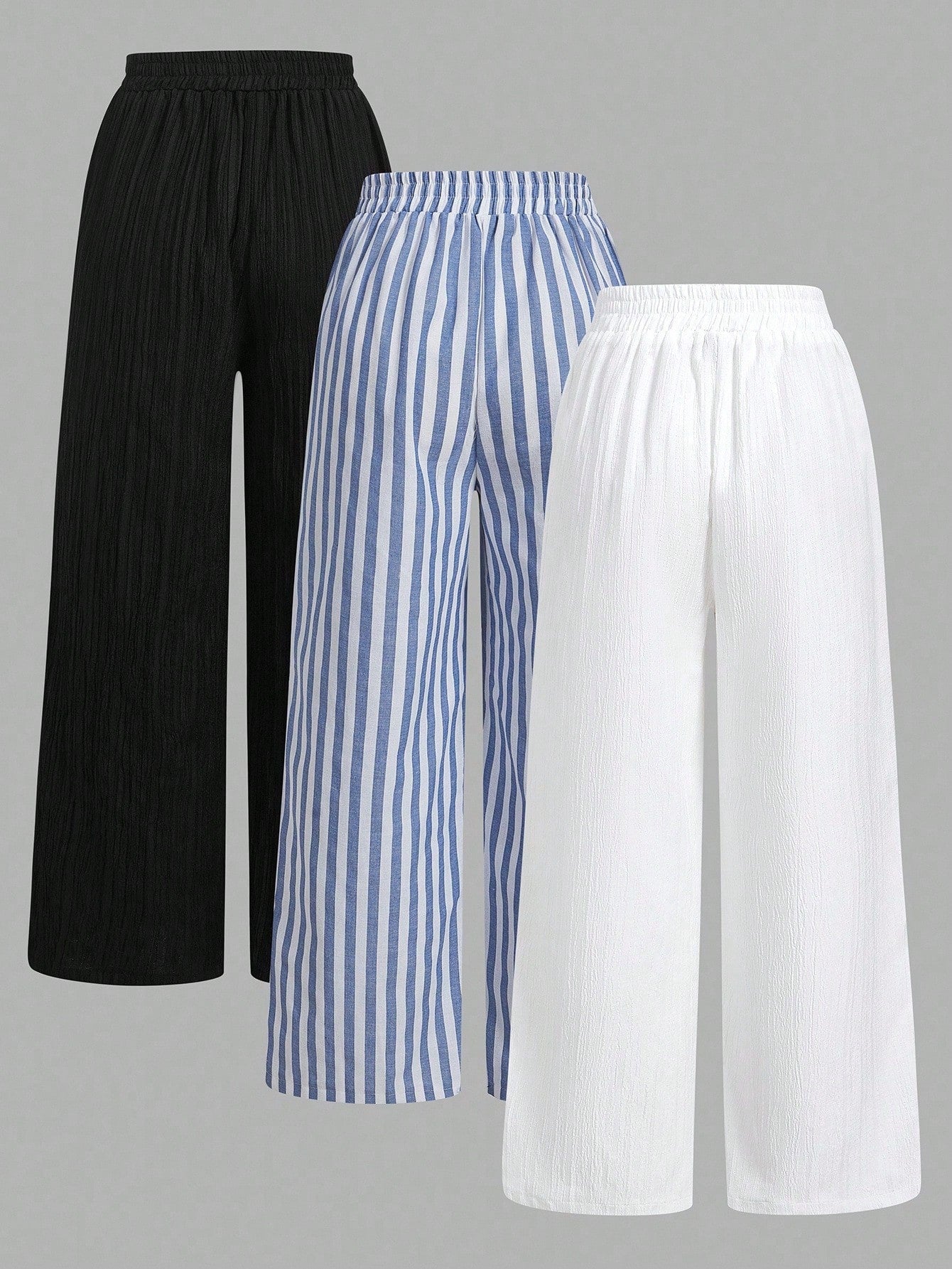 Essnce 3pcs Set Women's Blue And White Stripe Nautical Style Casual Summer Vacation Waist Tie Pants With Pockets,Straight Leg Black & White Striped Clothes